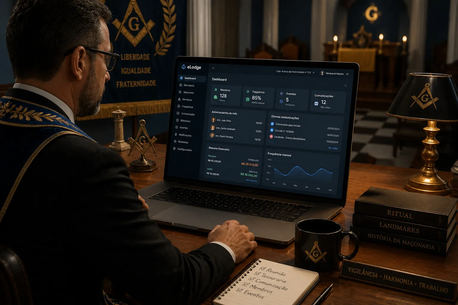 Dashboard SaaS multi-tenant para gestão de lojas maçônicas sem símbolos explícitos