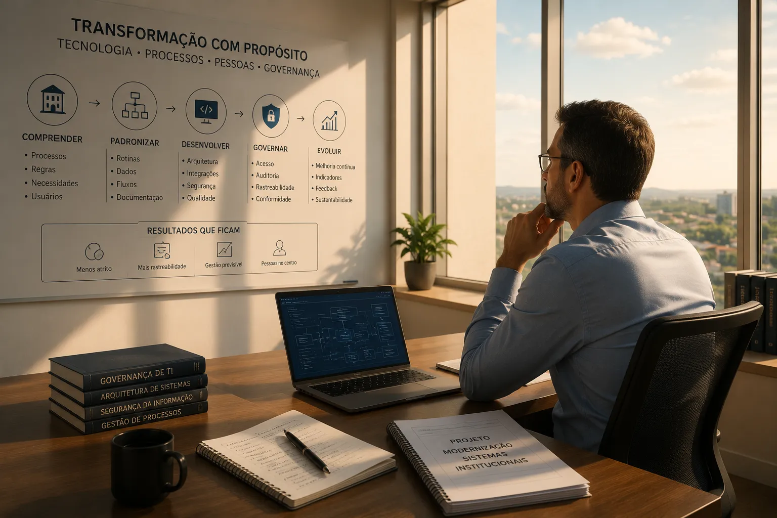 Painéis institucionais conectados por fluxos digitais modernos